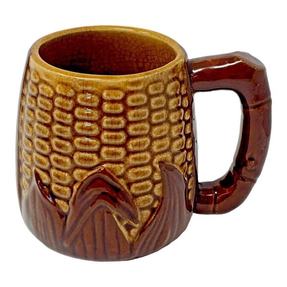 Vintage Majolica Corn Mug Set Signed Occupied Japan Brown Yellow Pottery Ceramic - Picture 12 of 12